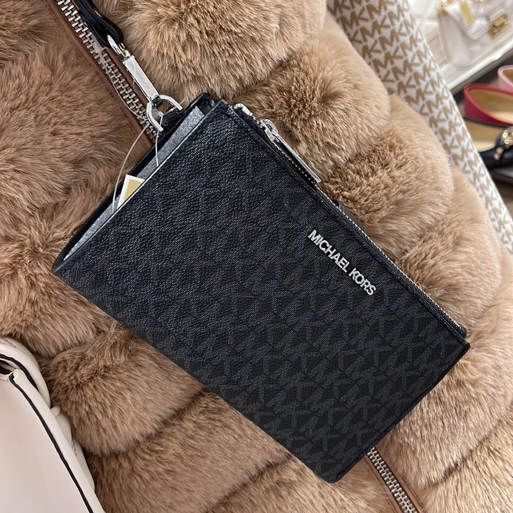 MICHAEL KORS LARGE DOUBLE ZIP WRISTLET PHONEHOLDER WALLET CLUTCH BLACK SIGNATUR